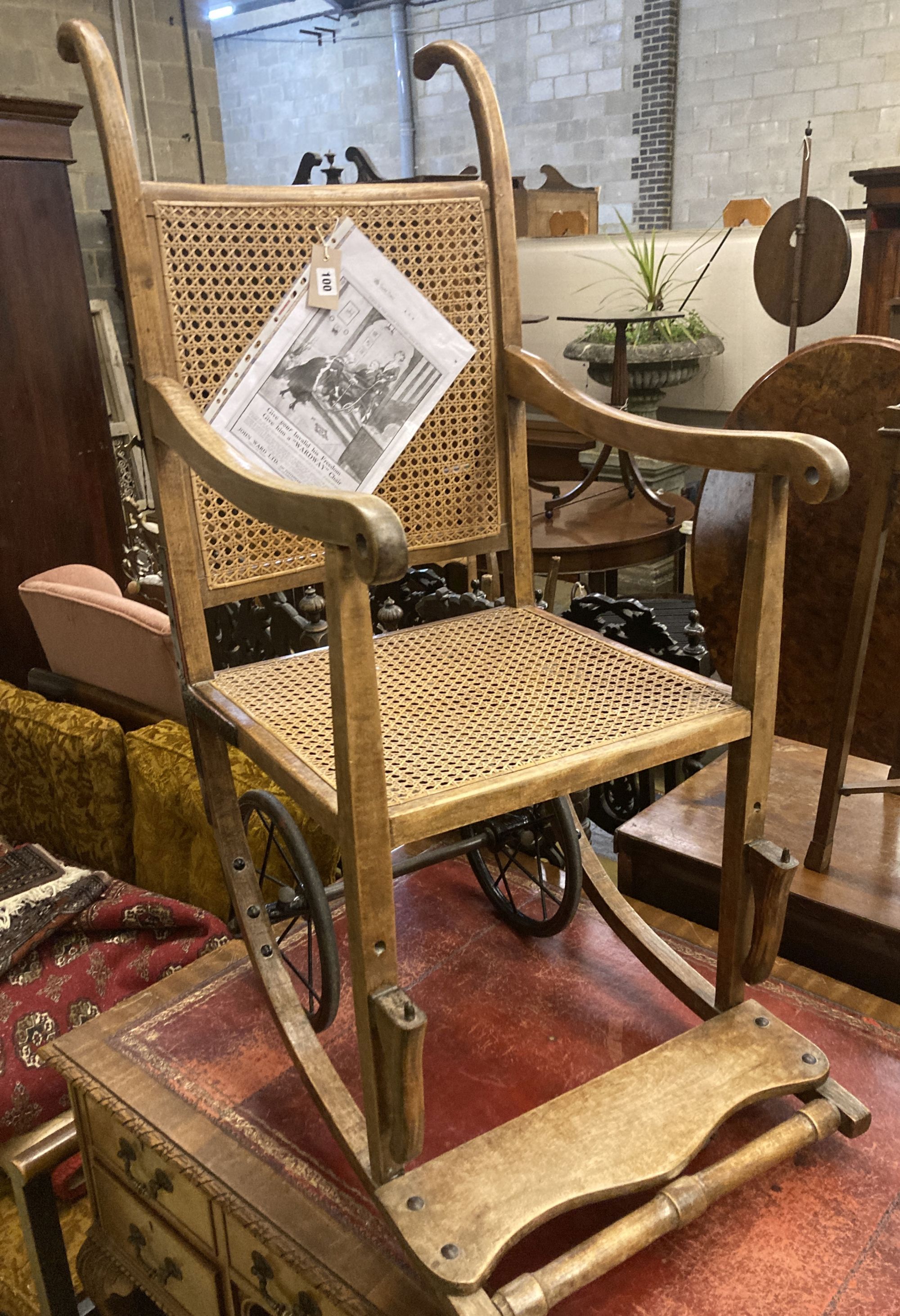 An early 20th century Wardway caned beech invalids chair, width 50cm, depth 80cm, height 118cm
